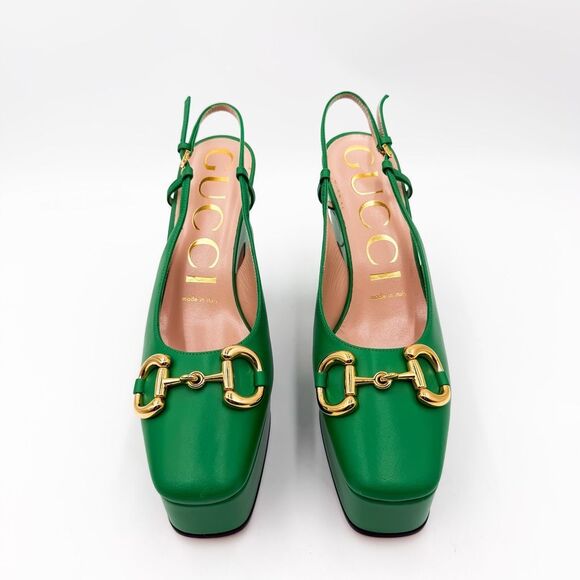 Gucci Horsebit Baby120 Platform Pumps EU 37 US 7 Green Leather Slingback - Picture 3 of 11